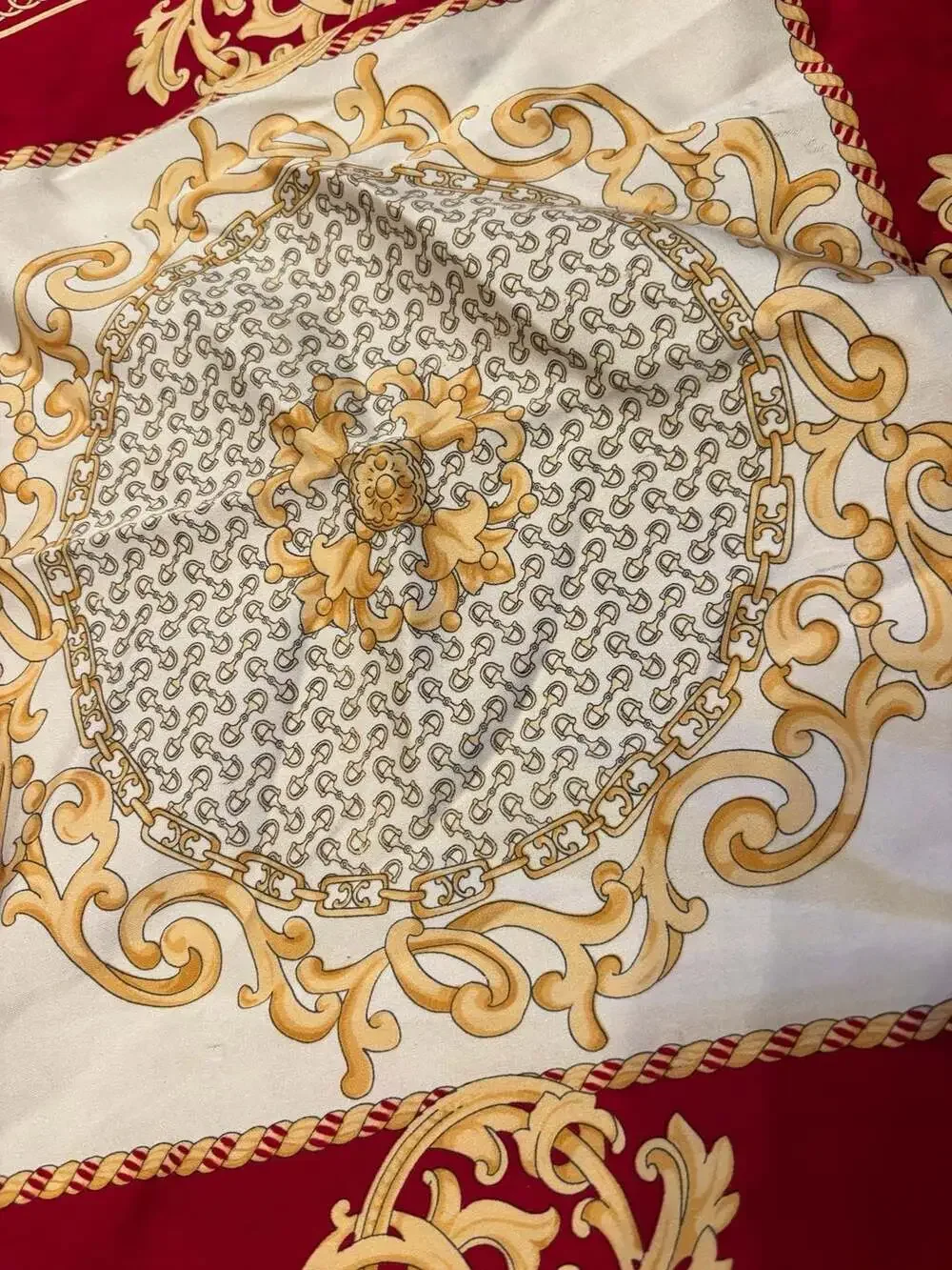 Vintage Luxury Style Square Silk Scarf Gold Chain Equestrian Motif